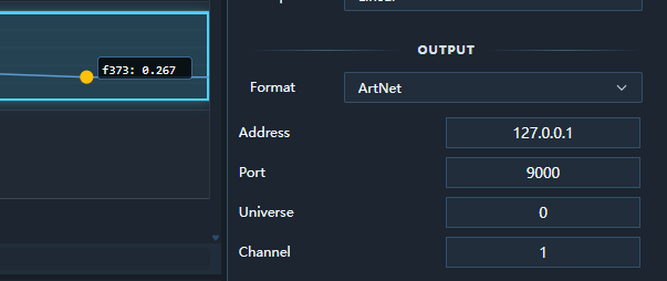 ArtNet output settings with live DMX channel preview