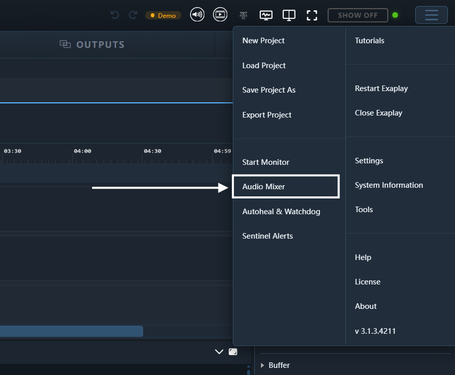 Audio mixer with per-clip levels and master fader