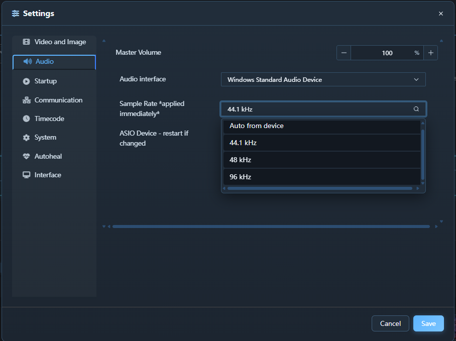 Audio Settings panel with driver, device, buffer and routing table