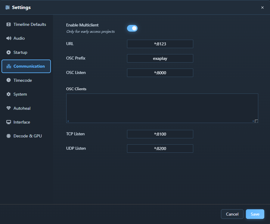 Network settings with port assignments and interface info