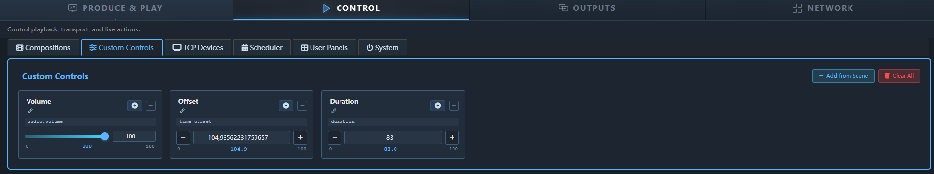 Custom Control tab with pinned parameters