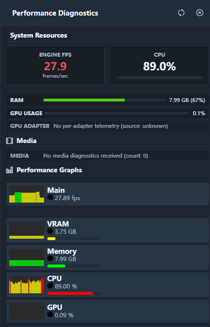 Diagnostics panel open