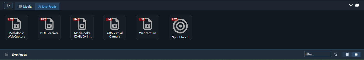 Live Feeds tab with NDI sources