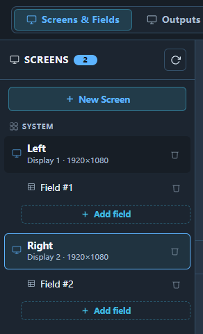 Two screens in Screens & Fields